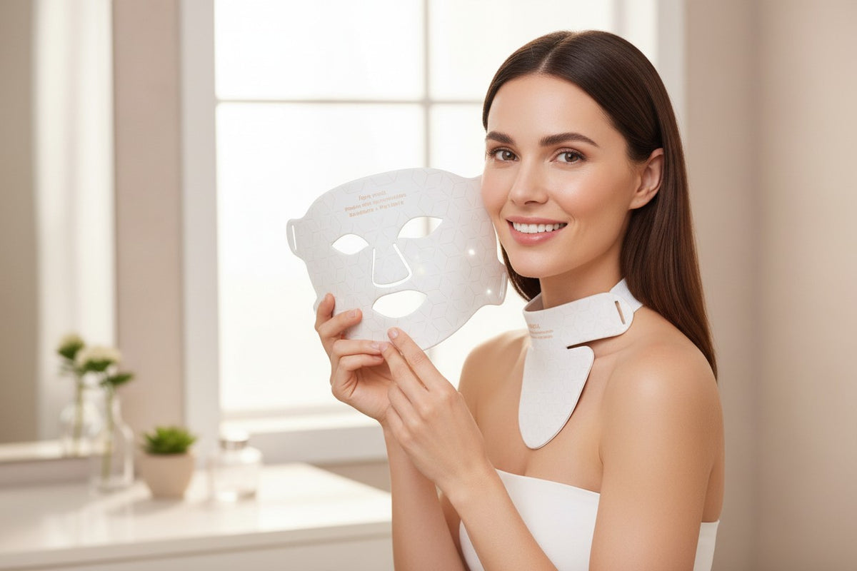 Side view of woman wearing Juvine red light therapy neck mask showing perfect fit and comfort